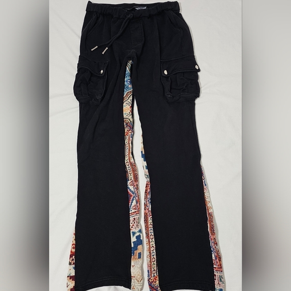 Valabasas Men's XL Black Cargo Flare Sweatpants Tapestry Insert Streetwear - Picture 1 of 8